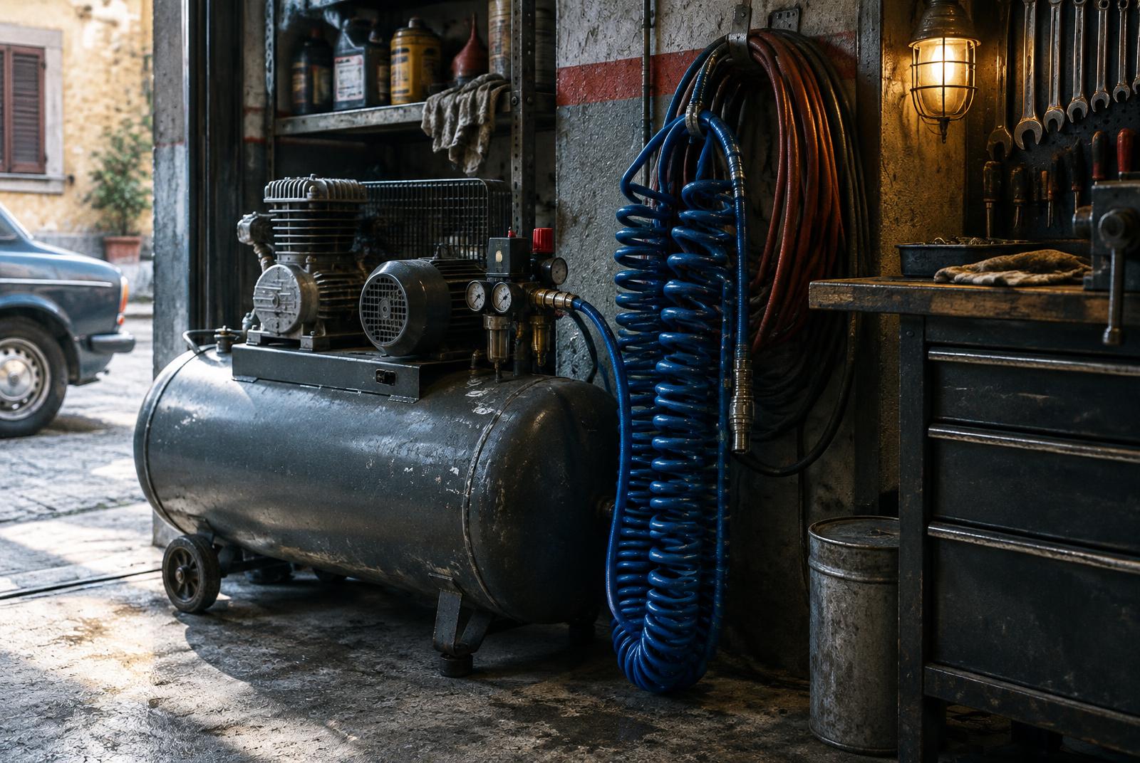 Compressore e tubi in un angolo dell'officina