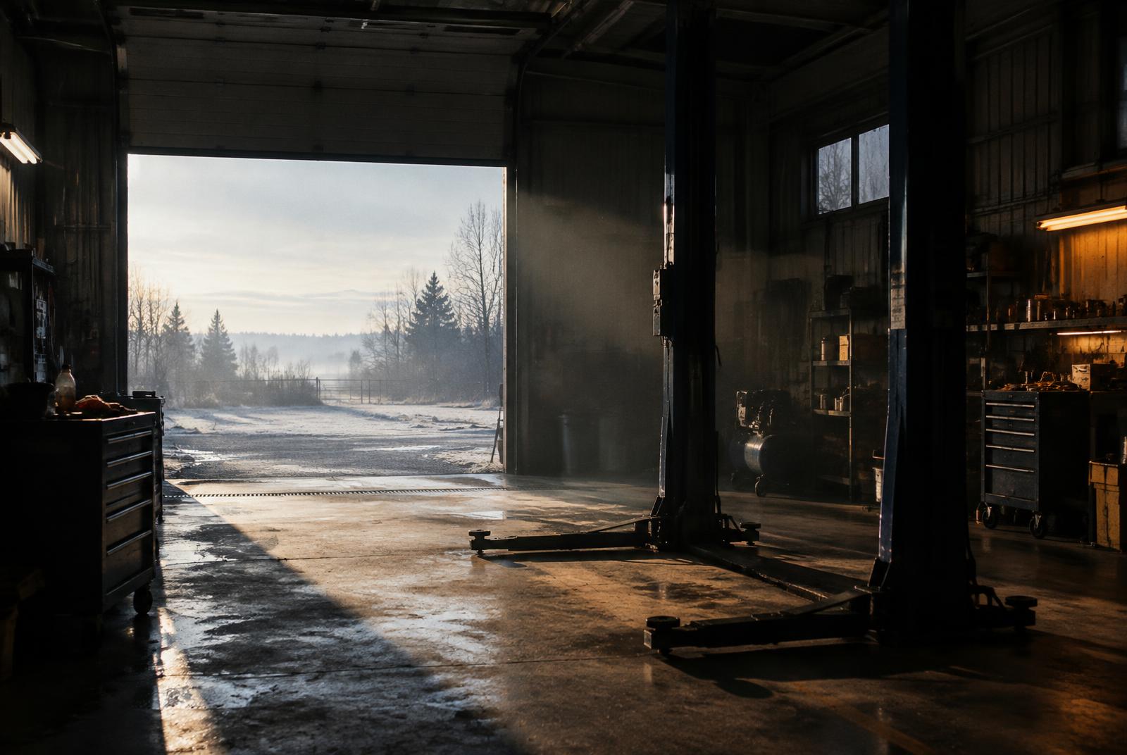 Portone aperto dell'officina con la luce del mattino